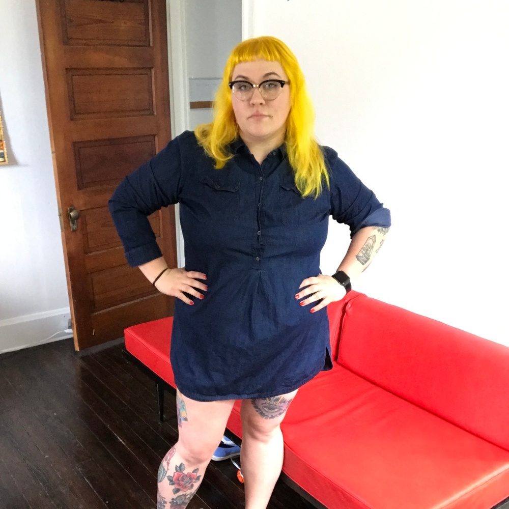 long sleeve denim shift dress